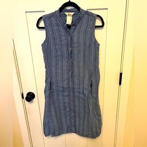 REI 100% Linen Stripped Sleeveless Dress Blue Pockets Button Down Size Small